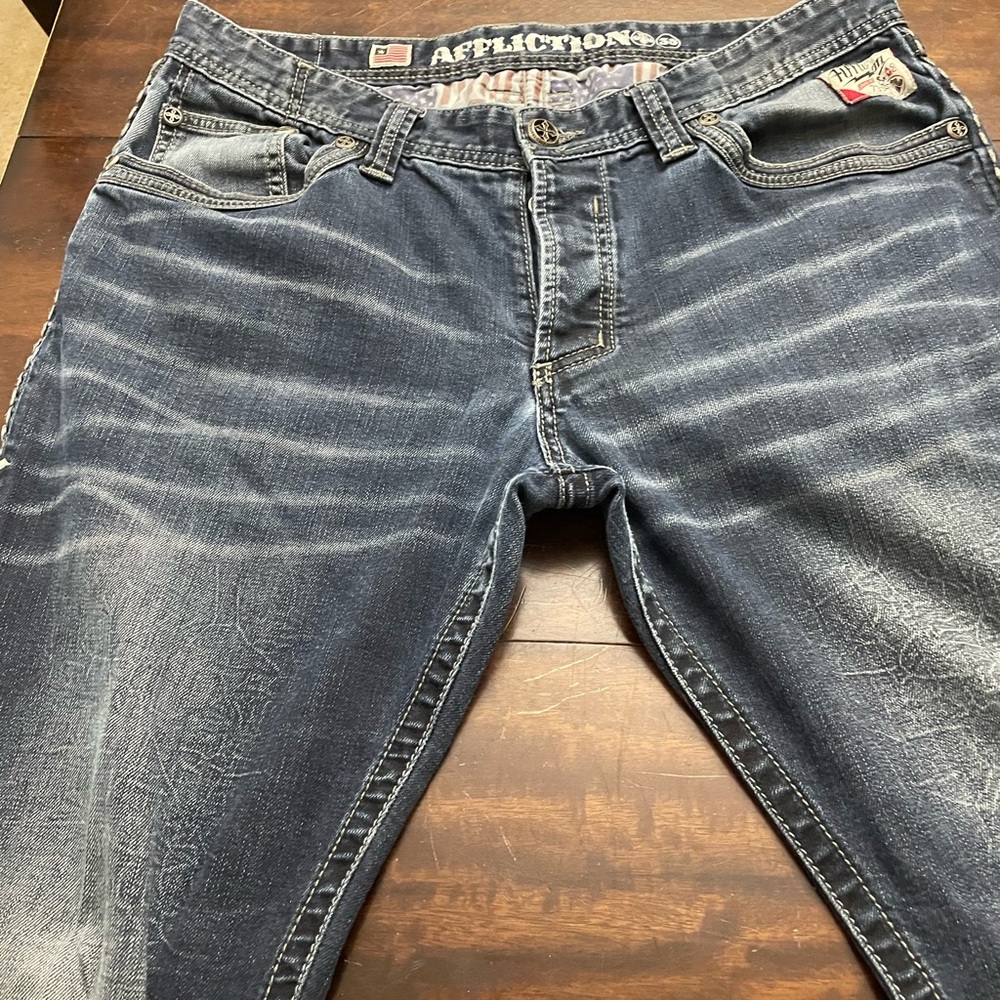 Affliction Men's Dark Blue Slim Jeans with Faded Whiskering